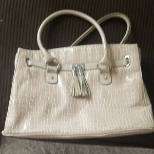 White House Black Market Cream Tote with Tassel Detail